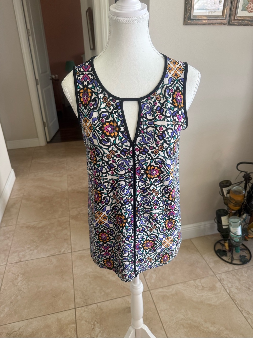 Spense White sleeveless top with Teal, Purple & Gold Mosaic Print